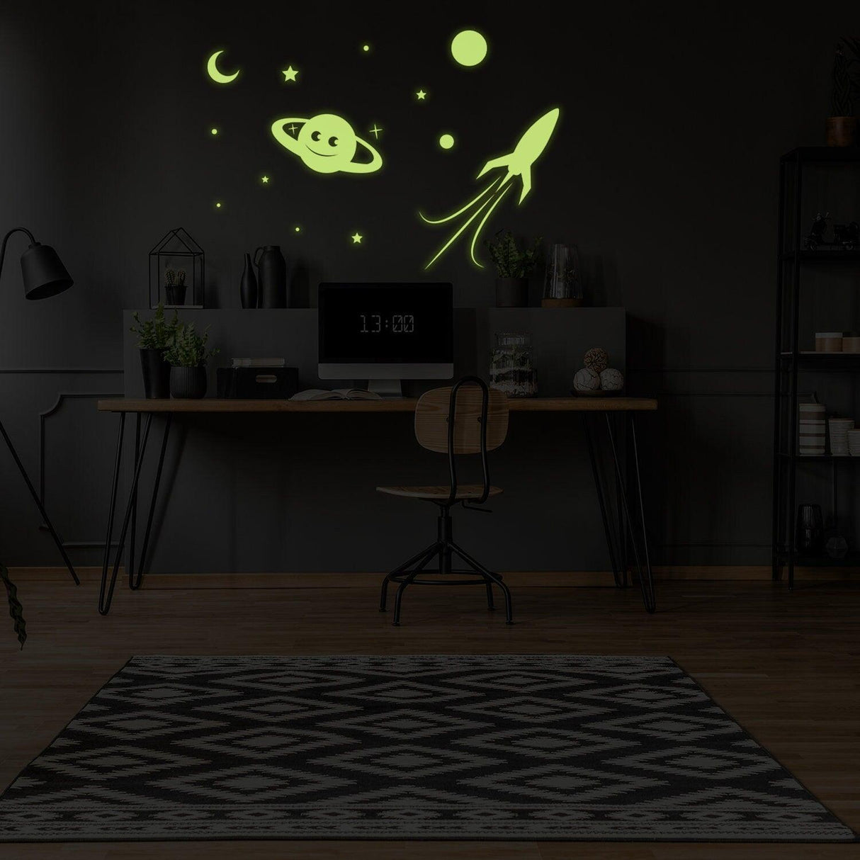 Glowing wall decal featuring a rocket, planets, and stars, ideal for creating a magical space in any room.