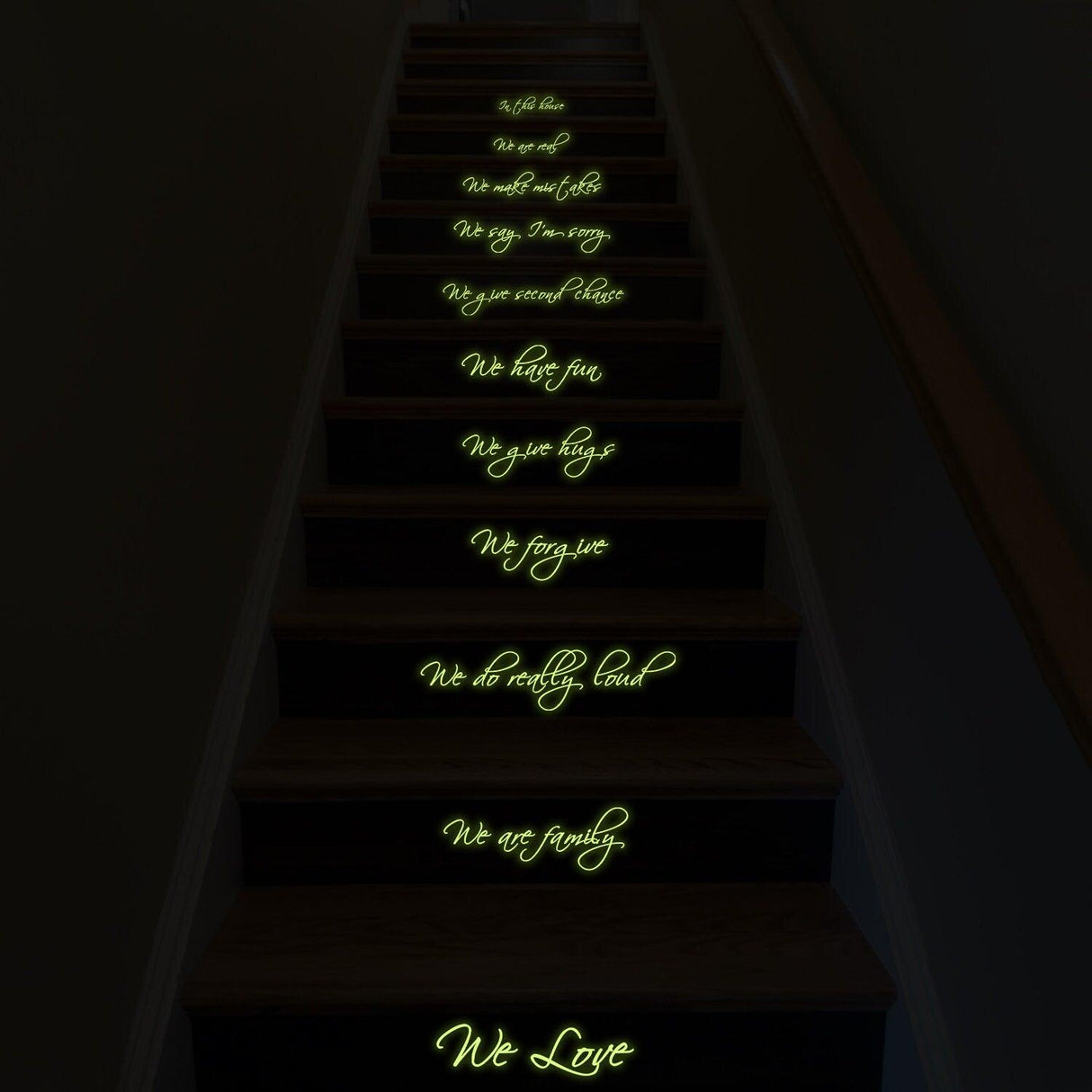 Glow in the dark stair sticker with family quotes illuminating each step for a magical home touch