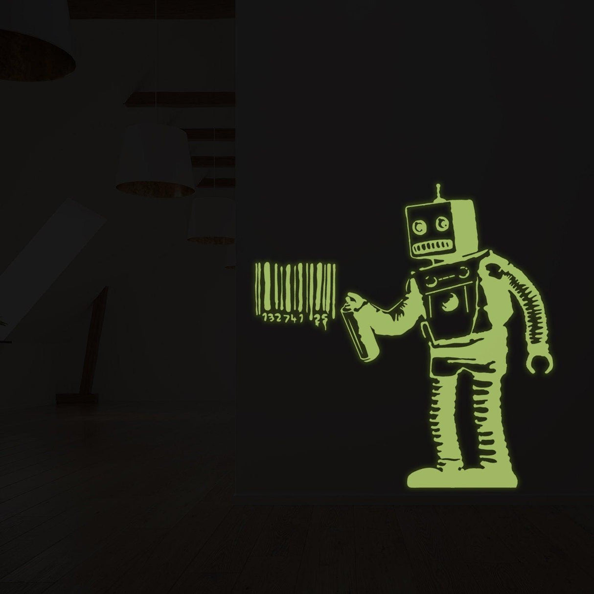 Glow in the dark vinyl sticker of a robot with a barcode on the wall, ideal for kids' rooms.