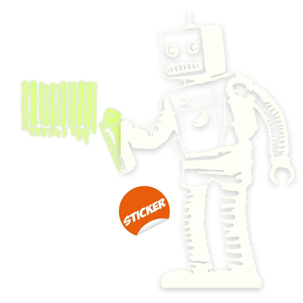 Glow in the dark robot wall vinyl sticker holding spray can, perfect for kids' room decor.