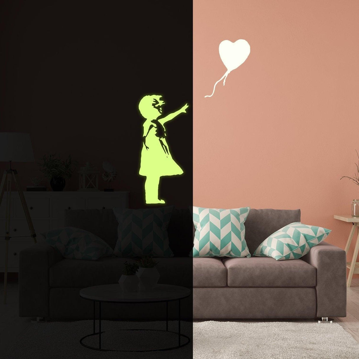 Glow in the dark wall vinyl sticker of a girl with a balloon, perfect for kid's room decor.
