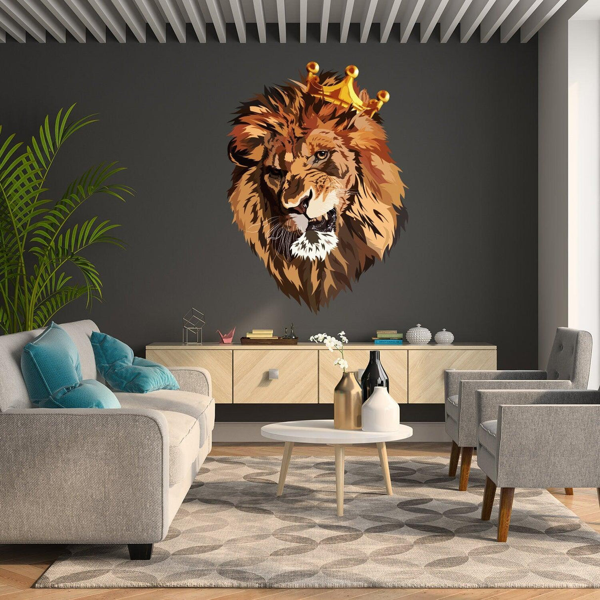 Funny lion head wall sticker with crown on a dark wall, adding humor to home decor.