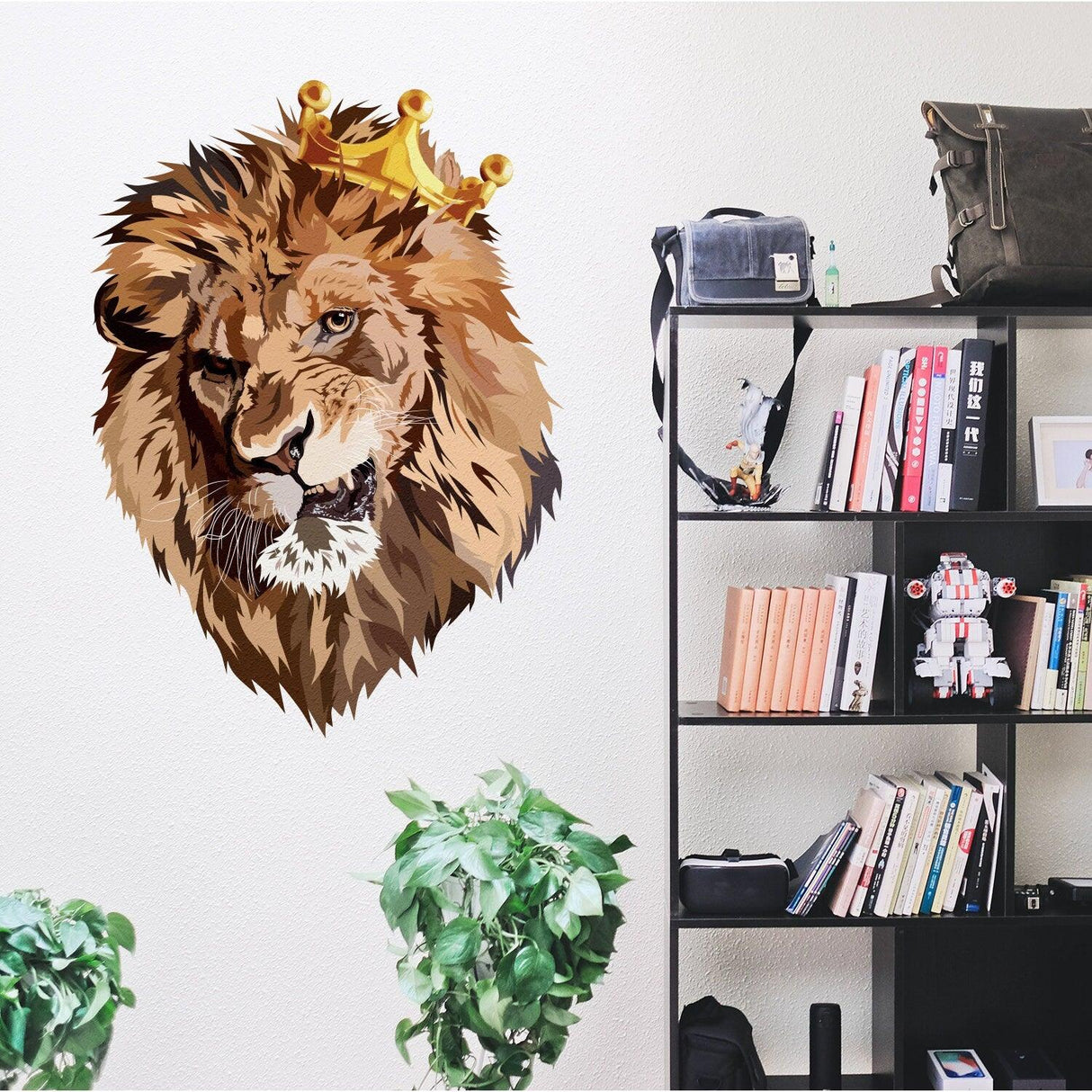 Funny lion head wall sticker with crown, ideal for adding humor to home decor.