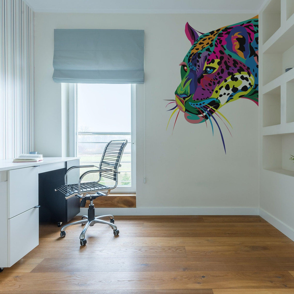 Colorful jaguar wall sticker in modern office, showcasing vibrant design and elegance.