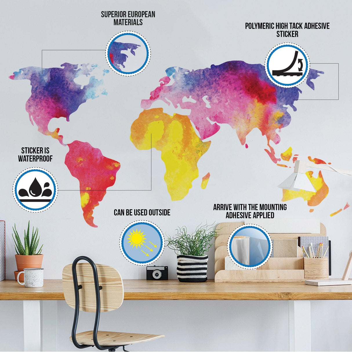 Colorful world map wall art decal featuring waterproof and weatherproof features in a modern workspace.