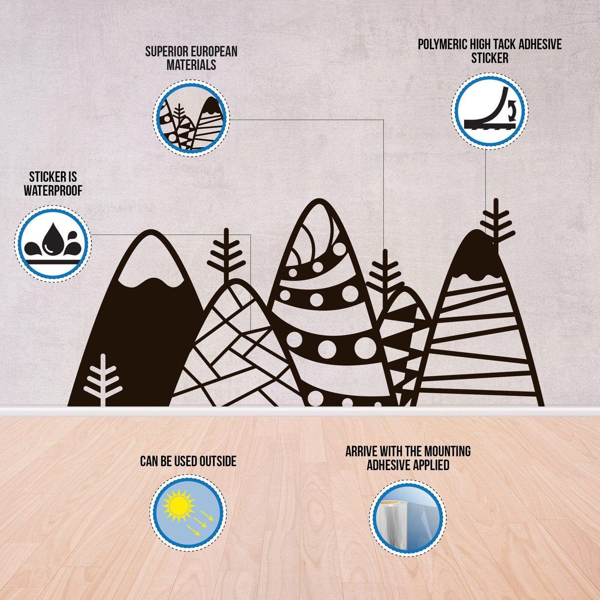 Mountain wall sticker showcasing waterproof vinyl material and high tack adhesive features.