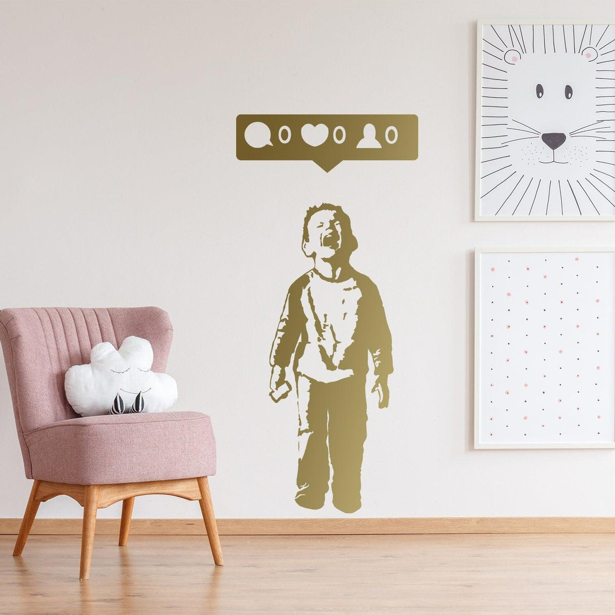 Crying Boy with Cellphone Banksy wall sticker on a white wall, symbolizing social media's impact in a stylish room decor.