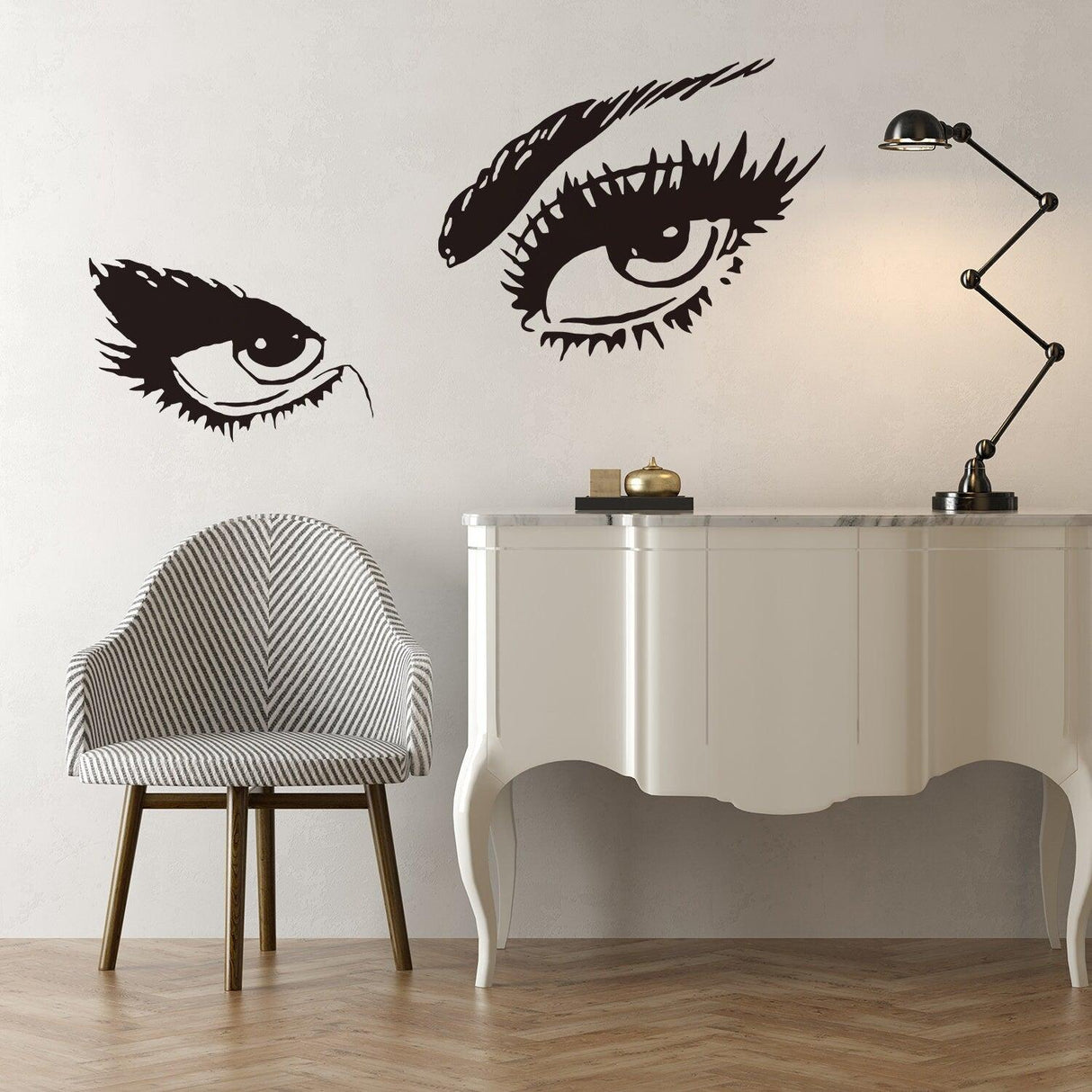 Woman eye vinyl wall sticker in a modern room, perfect decor for beauty salons and makeup lovers.