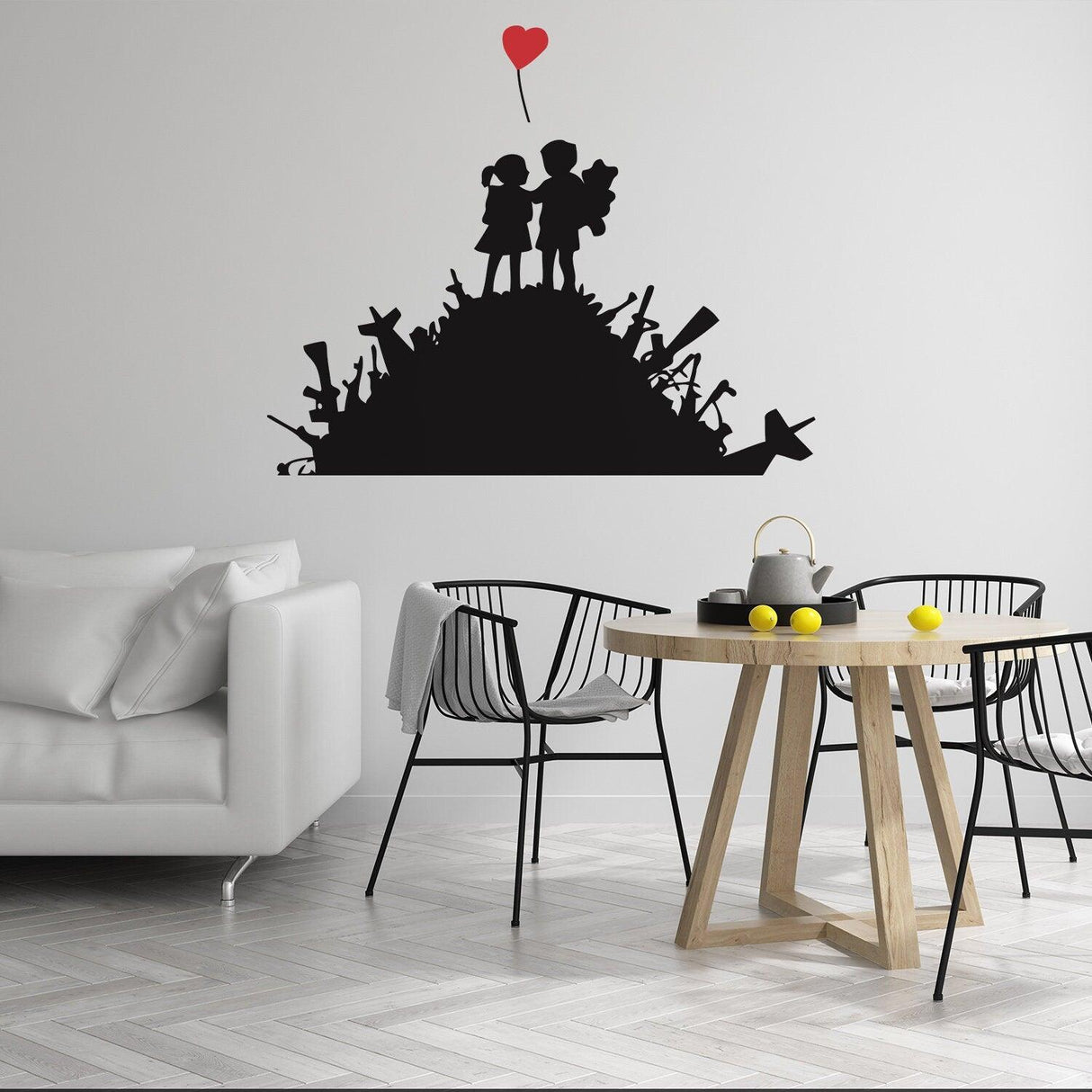 Banksy boy and girl wall sticker with heart balloon on a wall above modern dining set