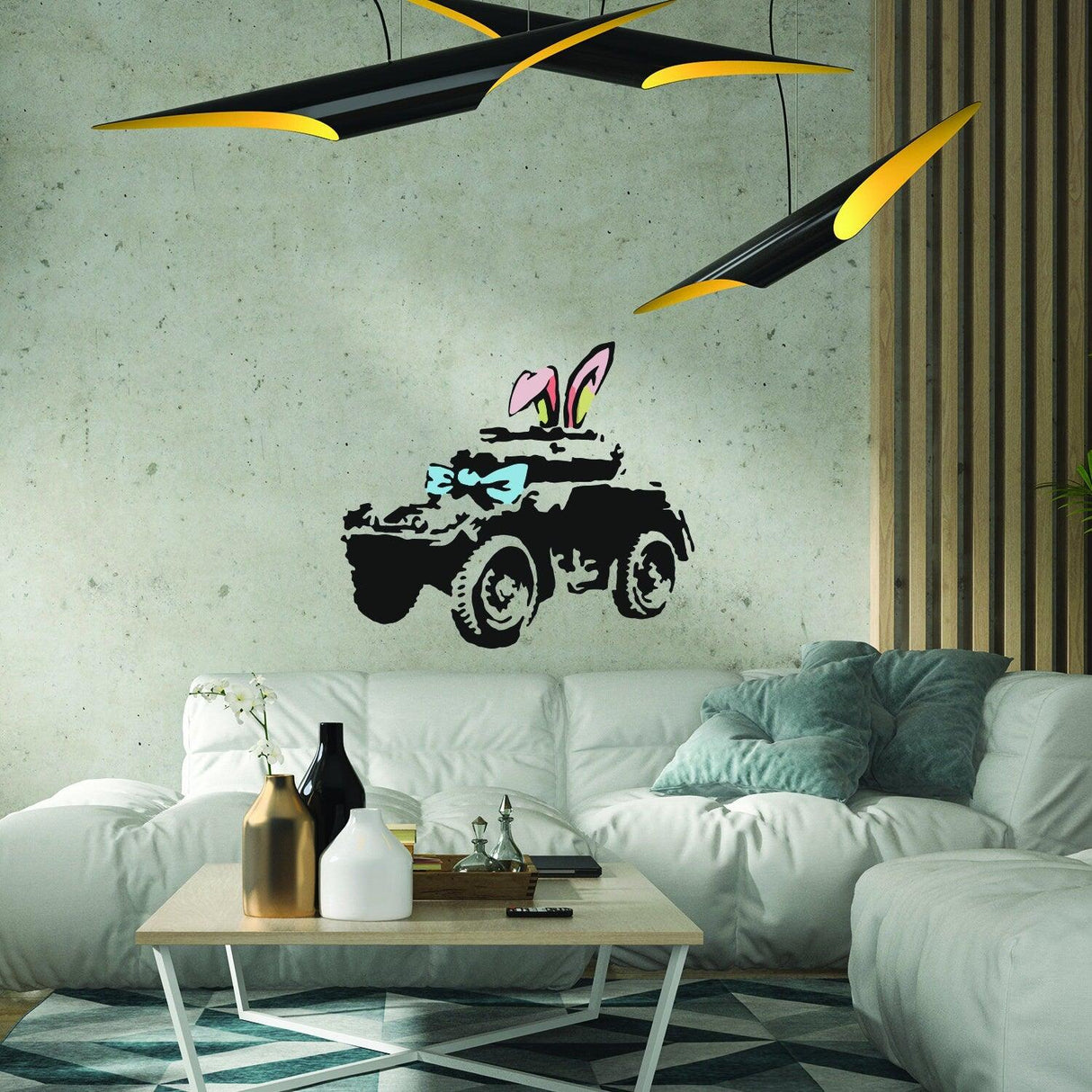 Banksy Armoured Car Wall Art Sticker with bunny ears in a modern living room setting, showcasing urban art.