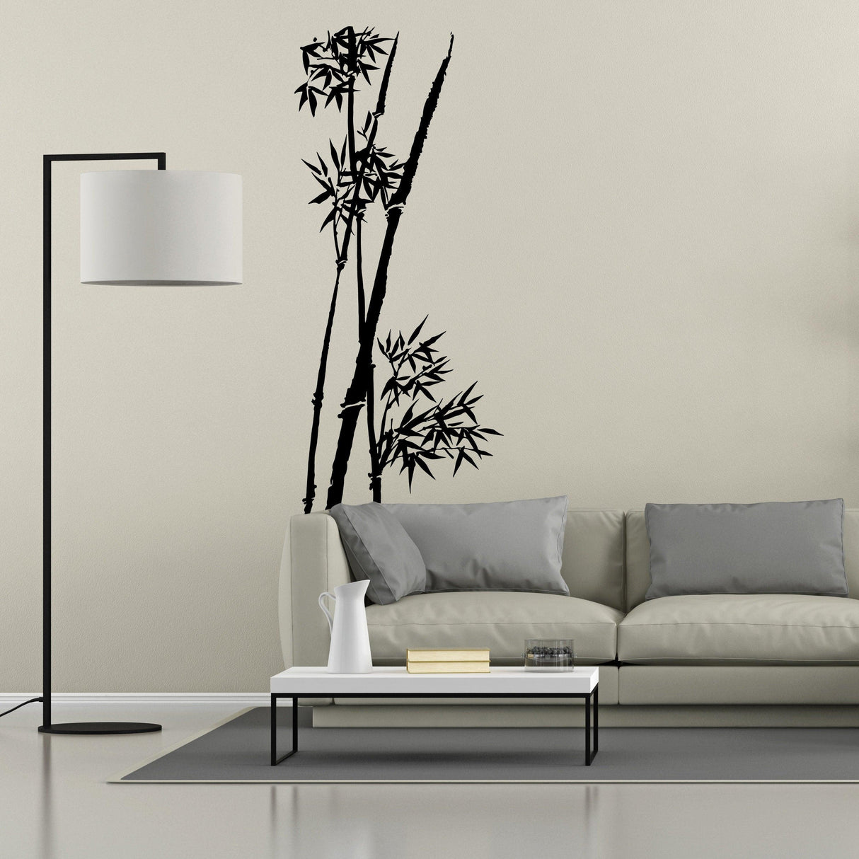 Bamboo wall vinyl sticker decor in modern living room with sofa and lamp, adding a touch of tranquility.