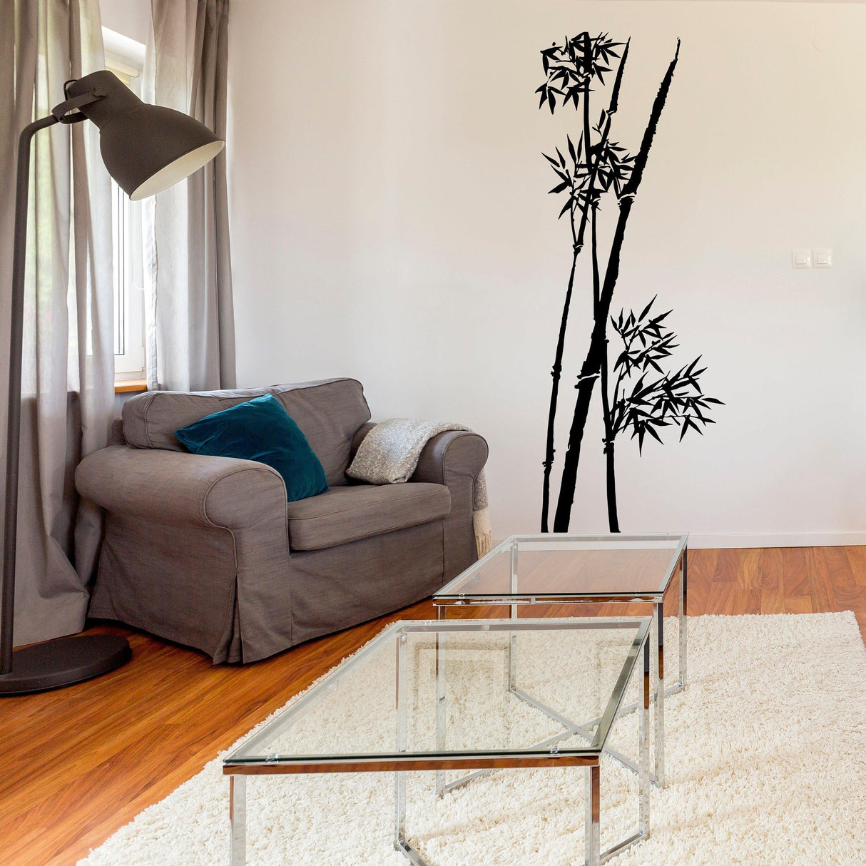 Bamboo wall vinyl sticker in modern living room, adding nature-inspired decor to home design.