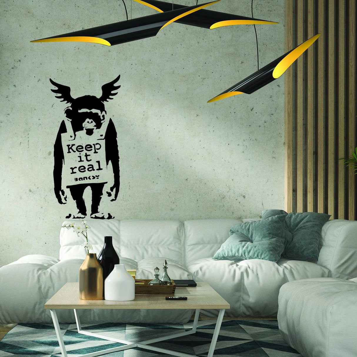 Banksy Keep It Real wall sticker in modern living room with stylish decor and lighting.