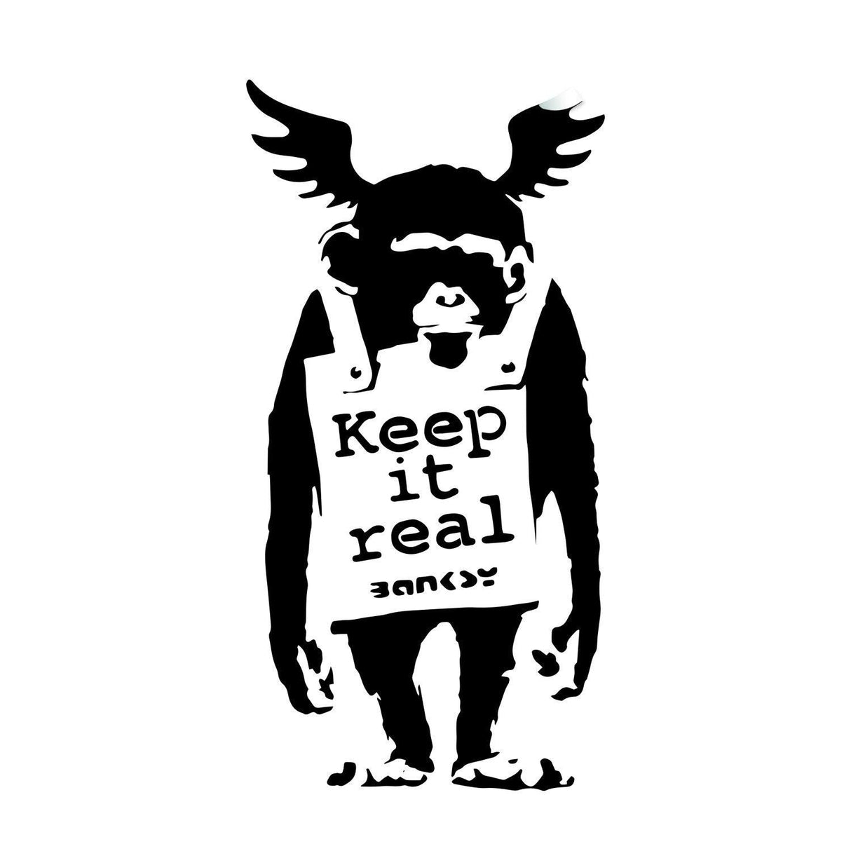 Banksy Keep It Real monkey wall sticker artwork in black and white, perfect for urban decor and art lovers.