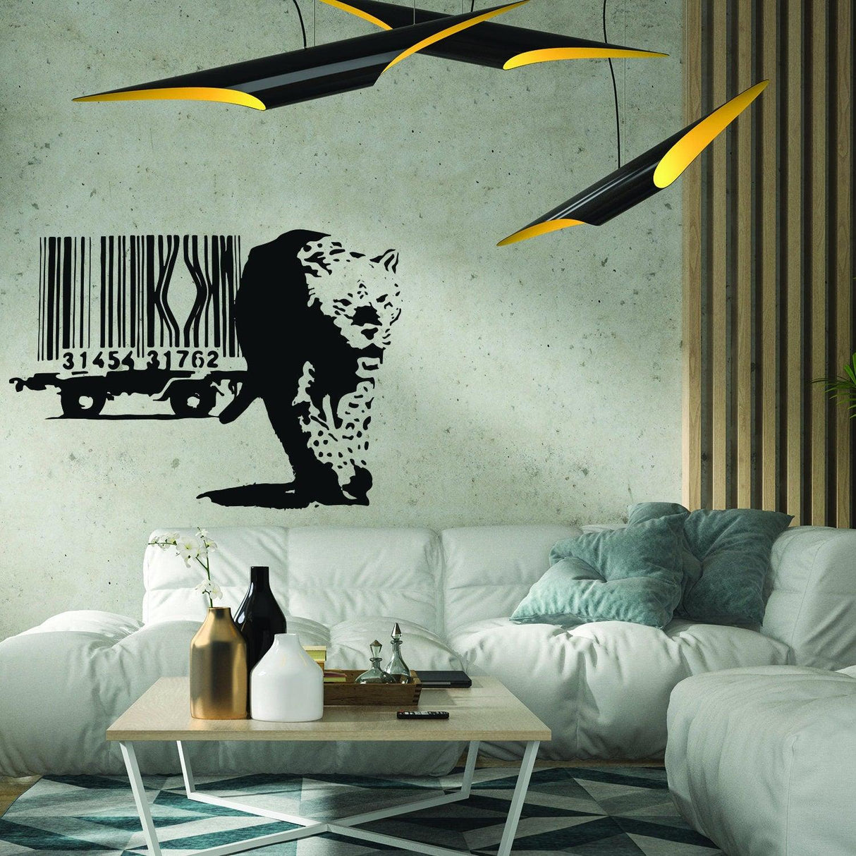 Banksy leopard barcode wall sticker mural in modern living room decor, adding unique artistic touch.