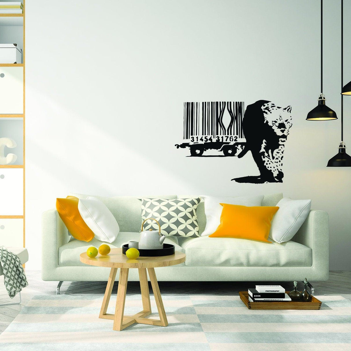 Banksy leopard barcode wall sticker mural decal in modern living room decor.