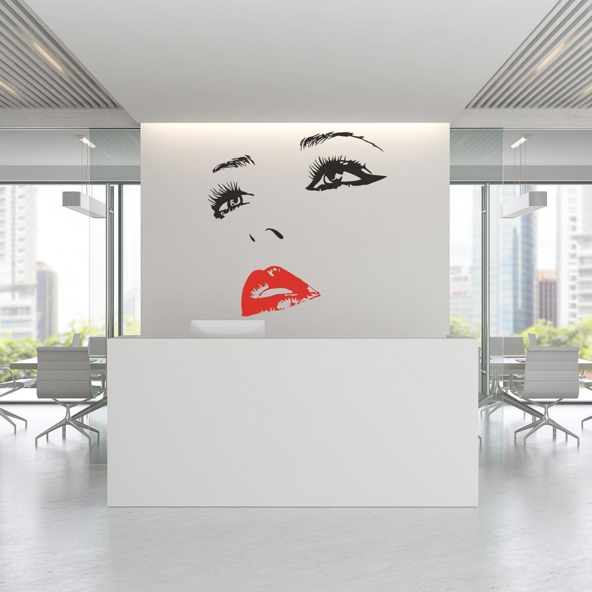 Elegant woman face vinyl sticker on white wall, modern decor with red lips, perfect for beauty salons and stylish interiors.
