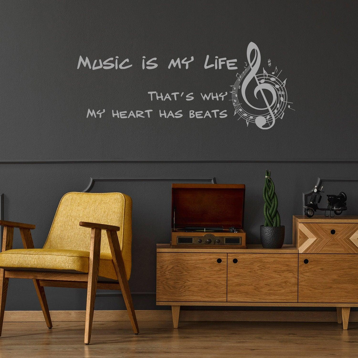 Music Is My Life wall sticker with a musical note, home decor for music lovers in a modern living space.