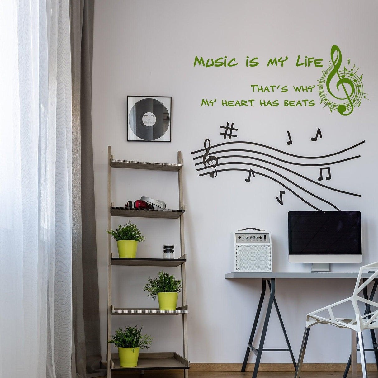 Music Is My Life wall sticker vinyl decal with musical notes in a modern room decor setting.