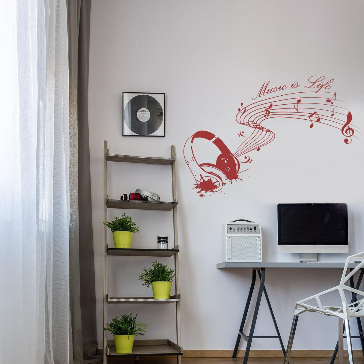 Music Is Life wall sticker on a white wall with musical notes and headphones in a cozy room setting.