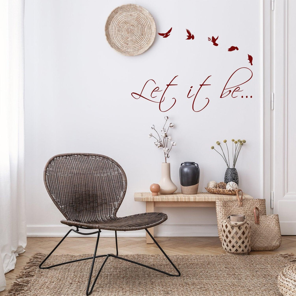Let It Be wall sticker decor with birds above a stylish chair and decorative elements in a cozy room.