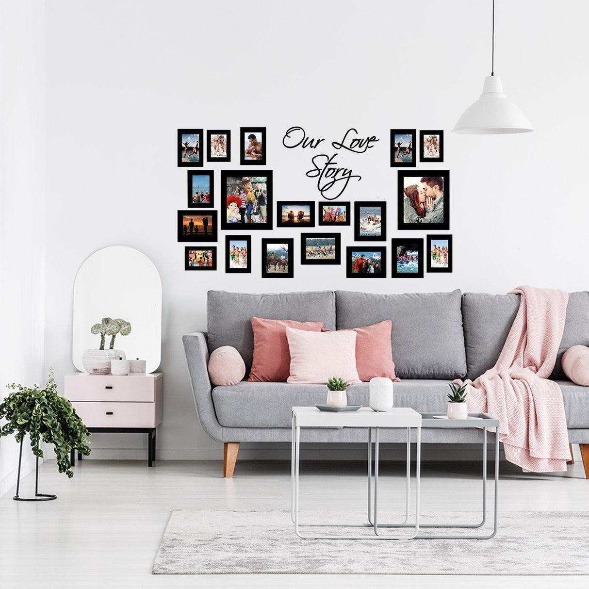 Stylish living room featuring a gallery wall of picture frame stickers with the words 'Our Love Story' above.