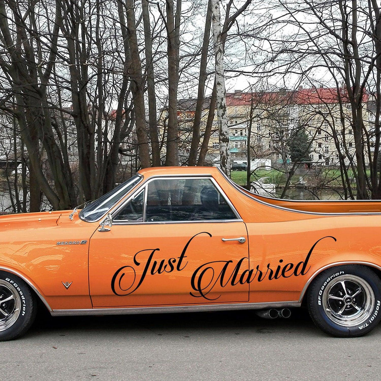 Just Married Car Vinyl Wedding Sticker on an orange vehicle, adding charm and personality for newlyweds.