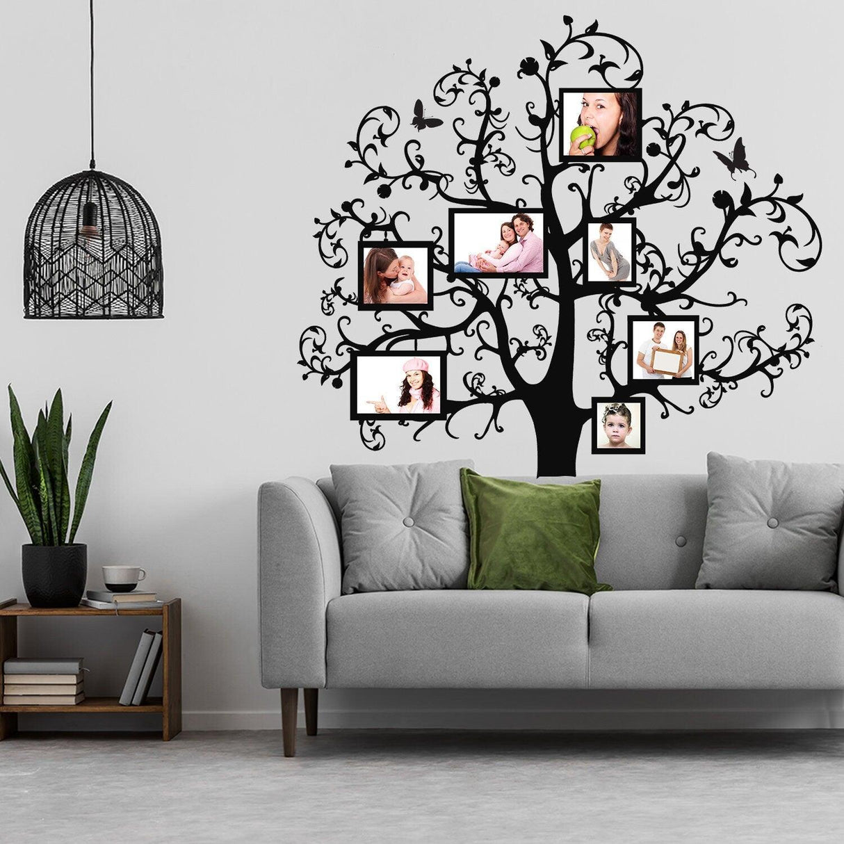 Family photo frame tree sticker vinyl wall decal displayed in modern living room setting.