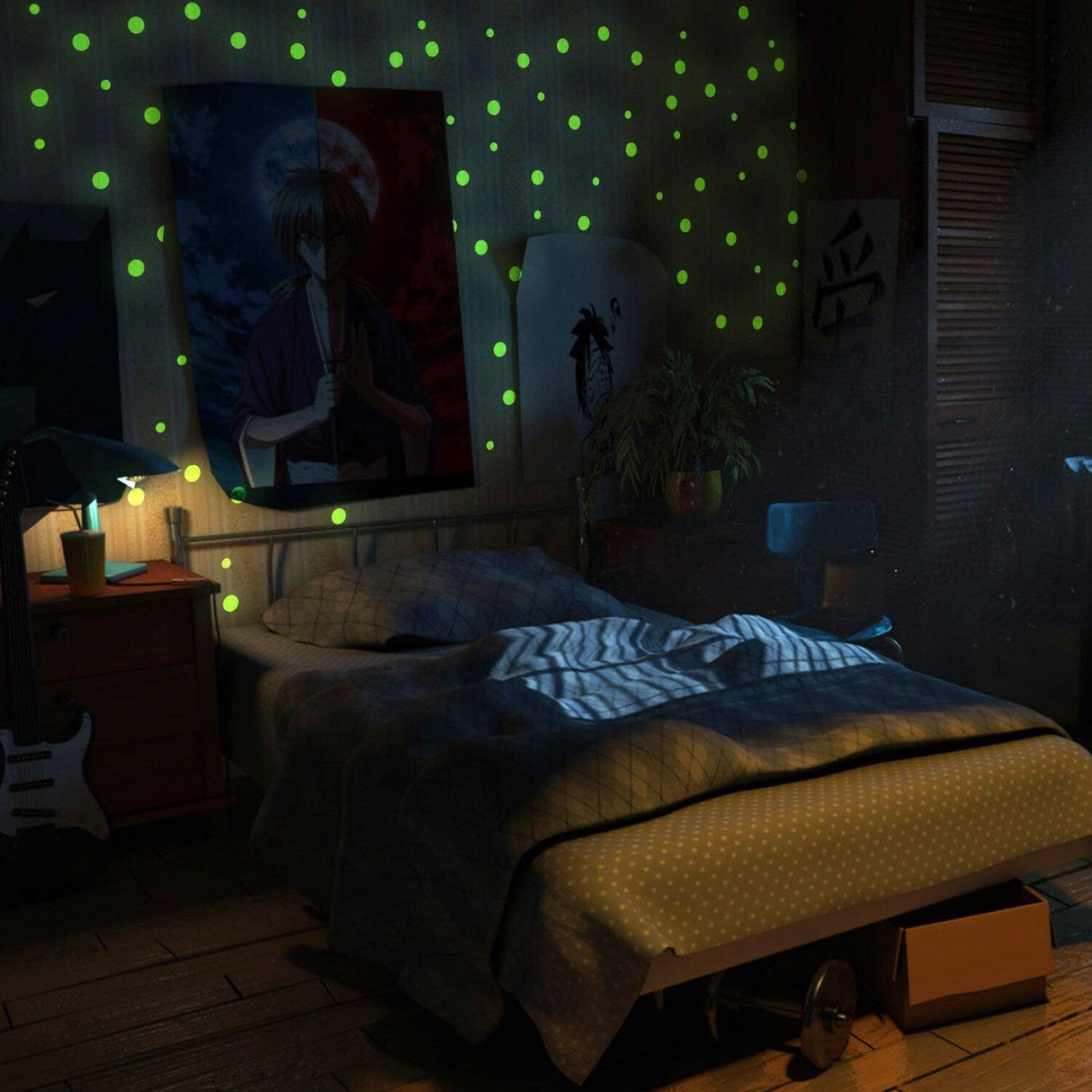 Cozy bedroom featuring green glow in the dark circle stars wall stickers illuminating the walls and ceiling.