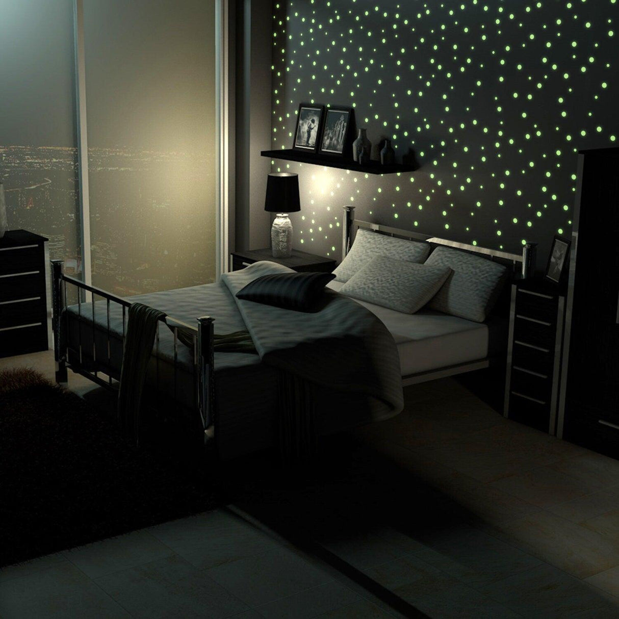 Cozy bedroom with glow in the dark circle stars wall stickers creating a celestial ambiance on a dark wall.