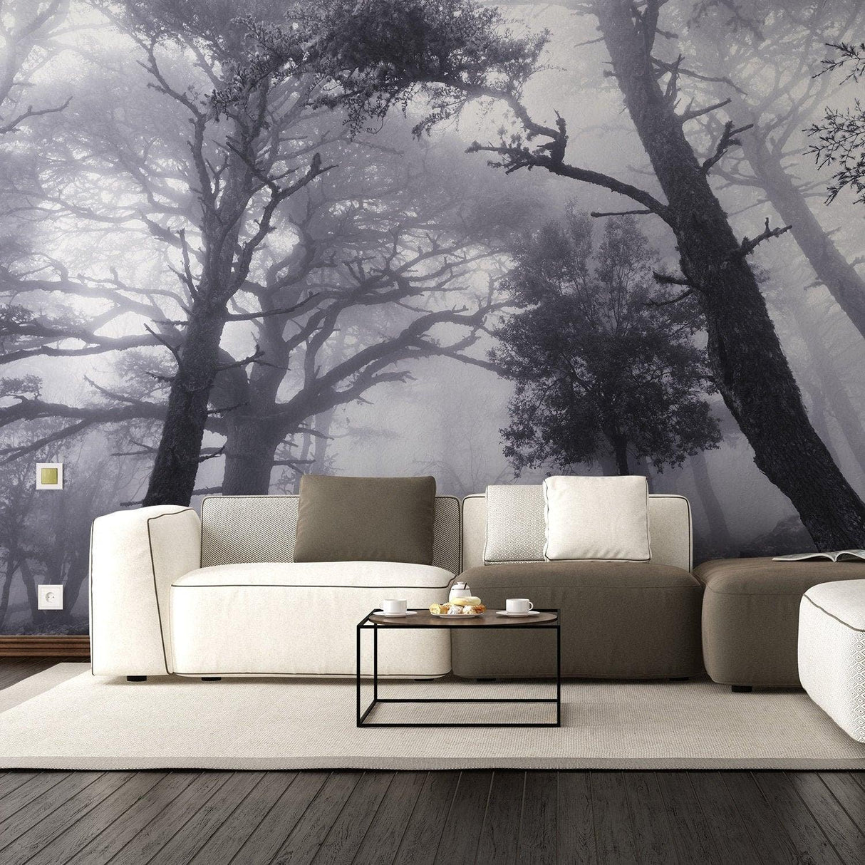 Foggy forest mural wallpaper featuring tall trees in mist, enhancing a cozy living room decor.