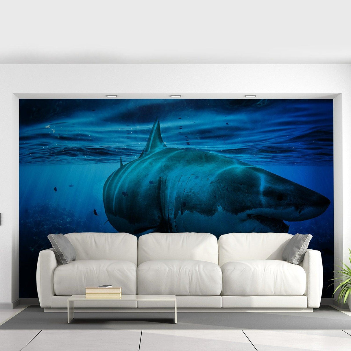 Ocean shark wallpaper art decal with a fierce shark swimming in deep blue ocean, enhancing modern living room decor.