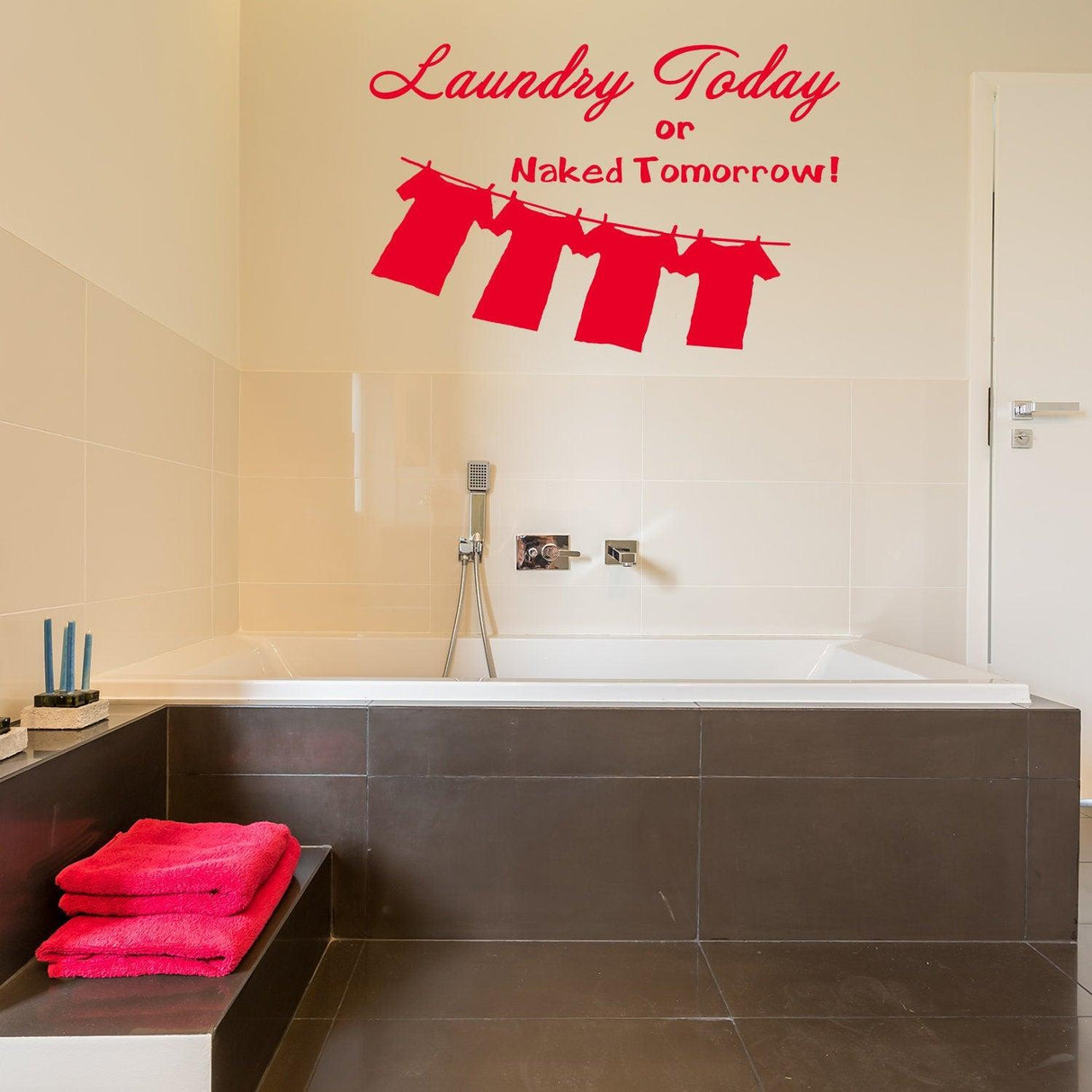 Laundry quote wall vinyl sticker featuring red text and laundry line decor in a stylish bathroom setting.