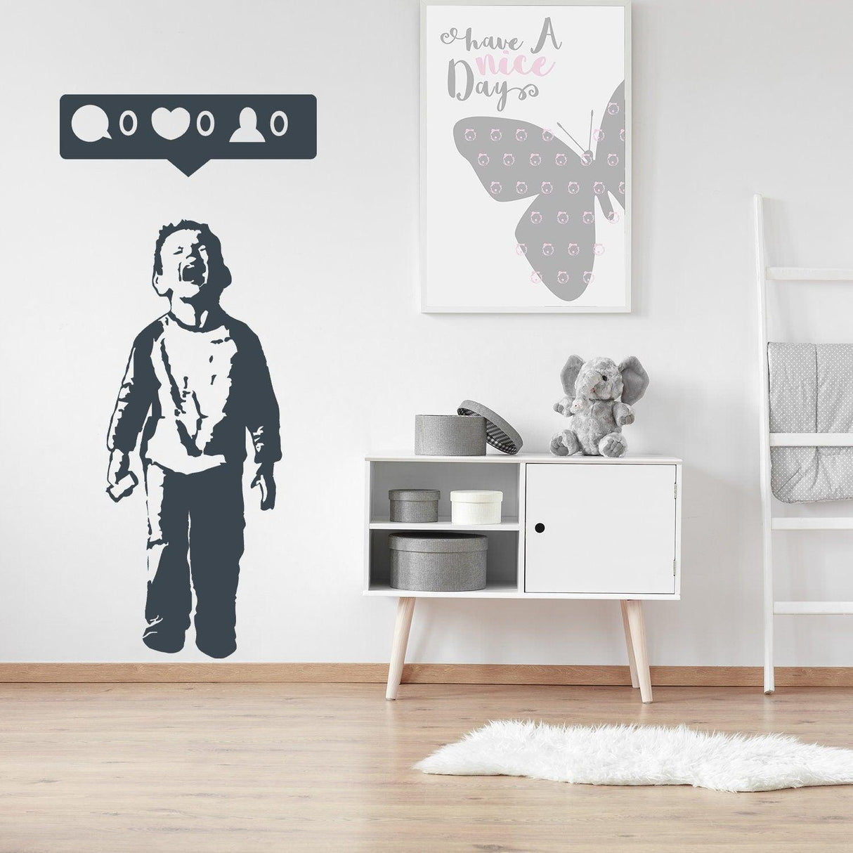 Crying Boy With Cellphone Banksy Wall Sticker depicting social media symbols, ideal for room décor.