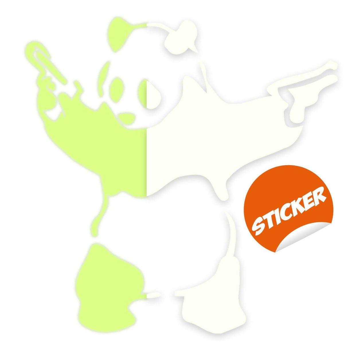 Glow in dark Banksy panda wall sticker design featuring a panda with guns on a graffiti background.