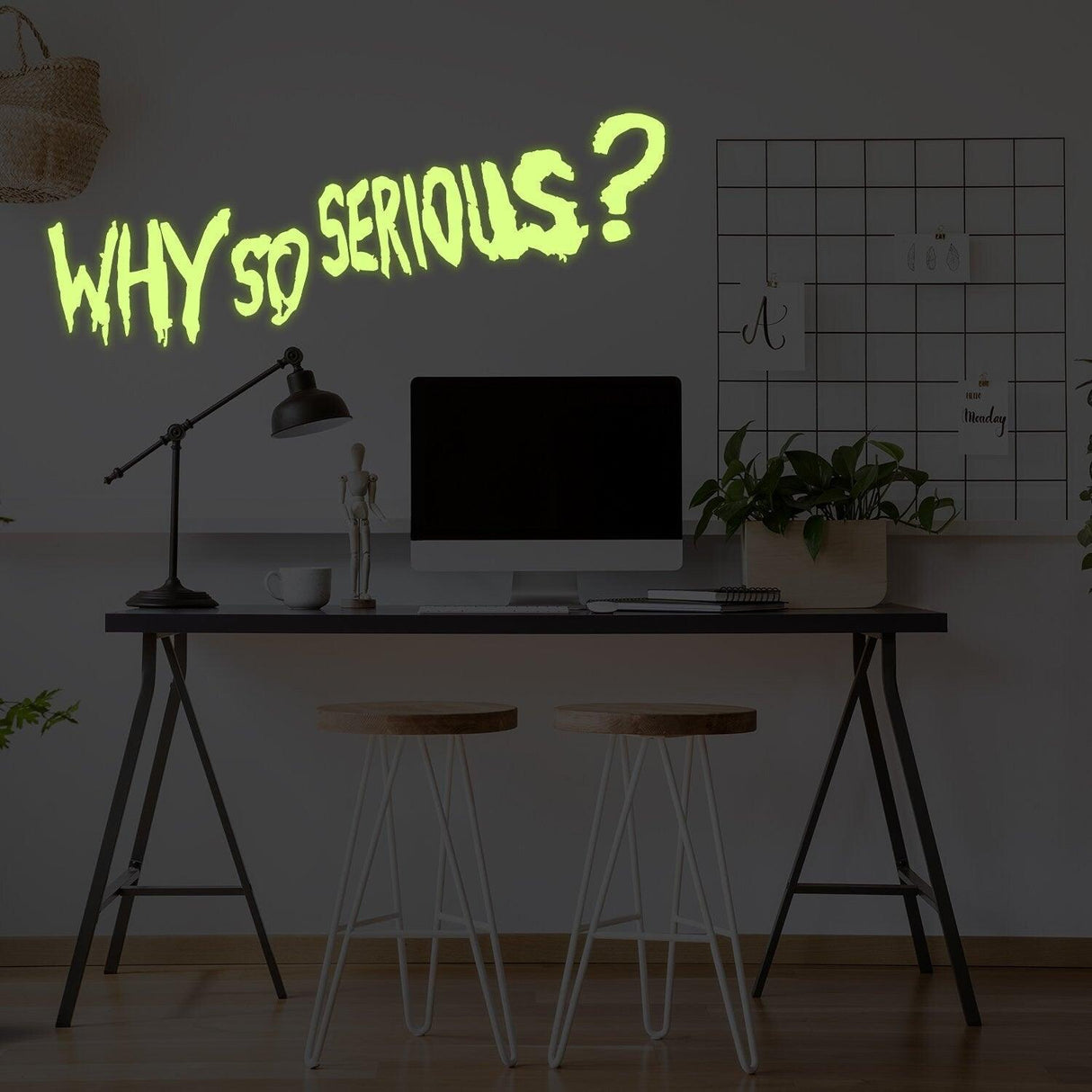 Glow in the dark 'Why So Serious?' Joker wall sticker in modern office with desk and chair