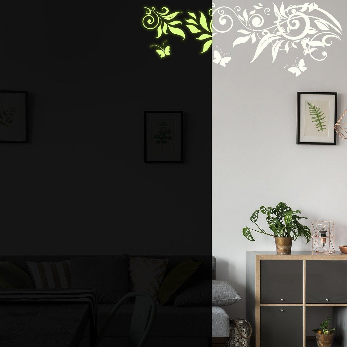 Glow at Night Decal Branch Wall Sticker illuminating a dark room with beautiful branch and flower designs.