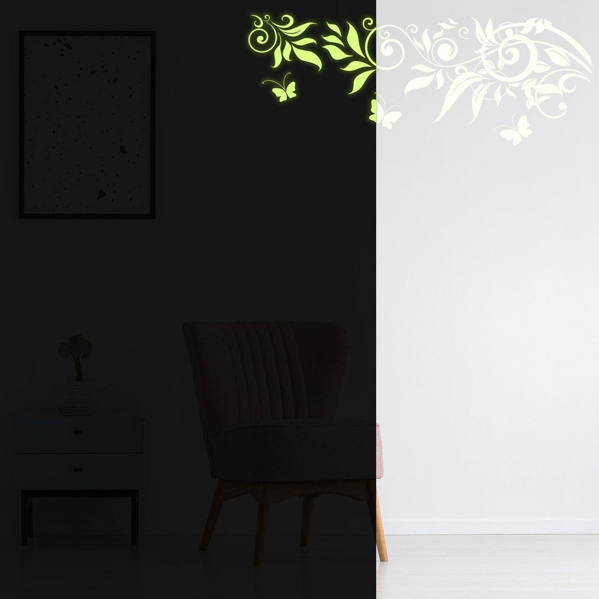 Glow At Night Decal Branch Wall Sticker illuminating in dark with floral design, enhancing room ambiance.