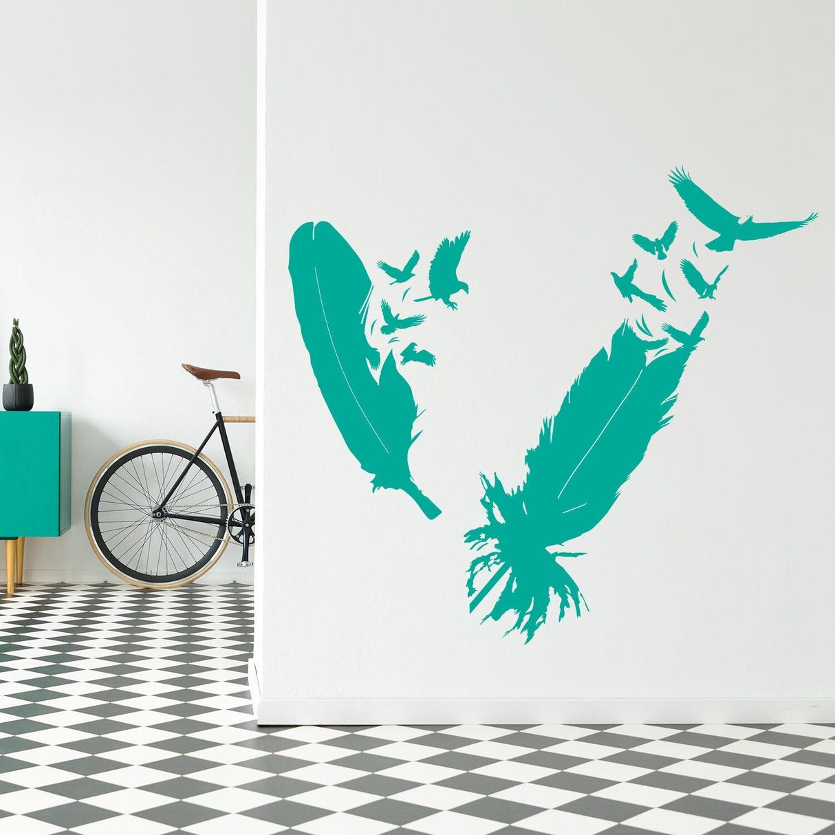 Bird feather wall vinyl sticker featuring an eagle in flight, perfect for home decor.