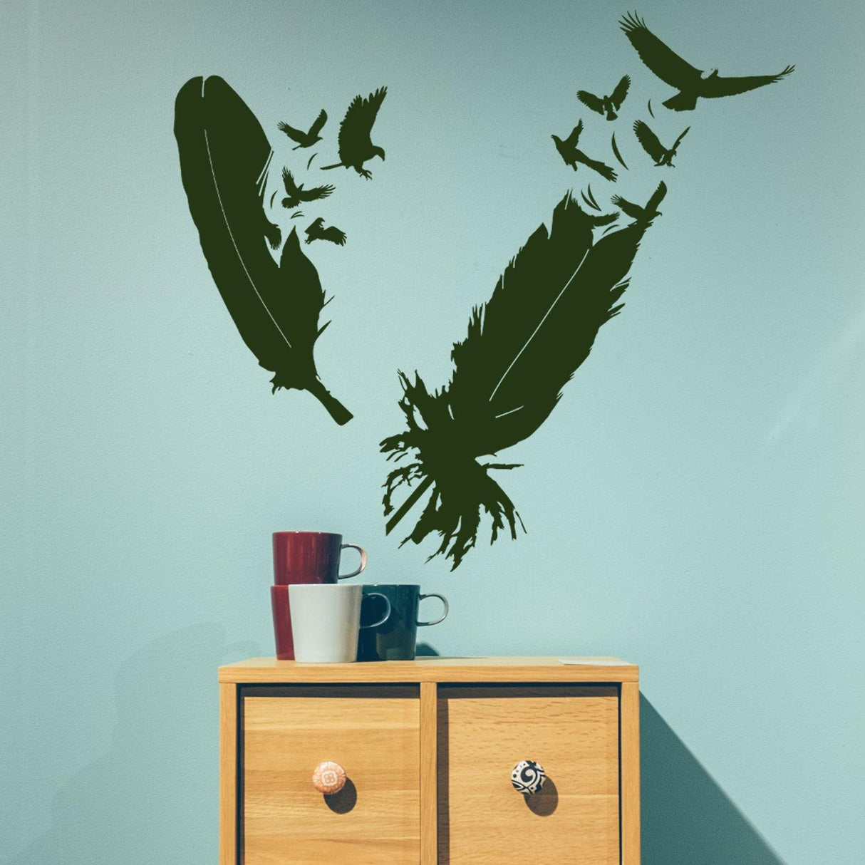 Bird feather wall vinyl sticker with flying birds, ideal for home decor and a magical vibe.
