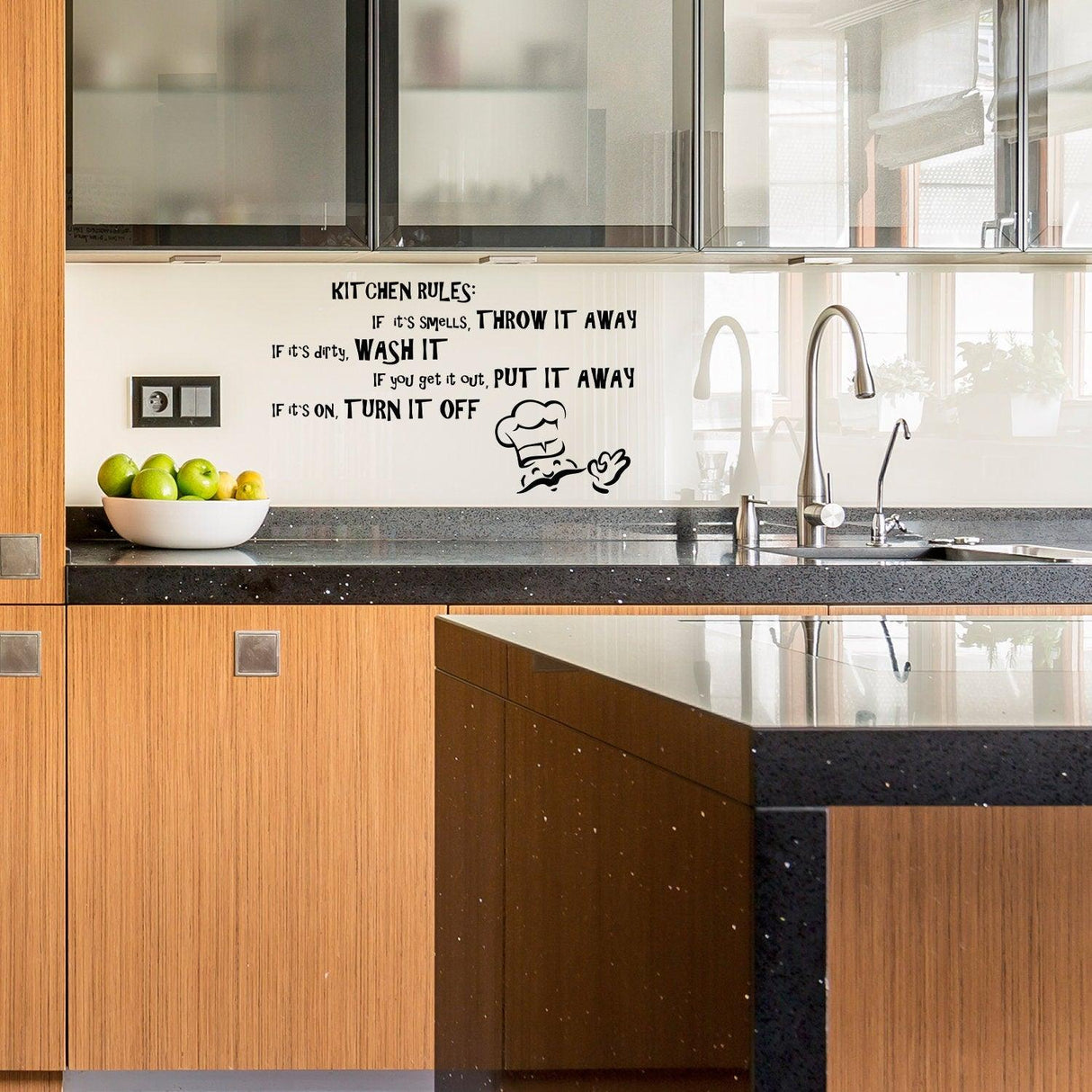 Kitchen wall sticker with humorous rules decal in modern kitchen decor.
