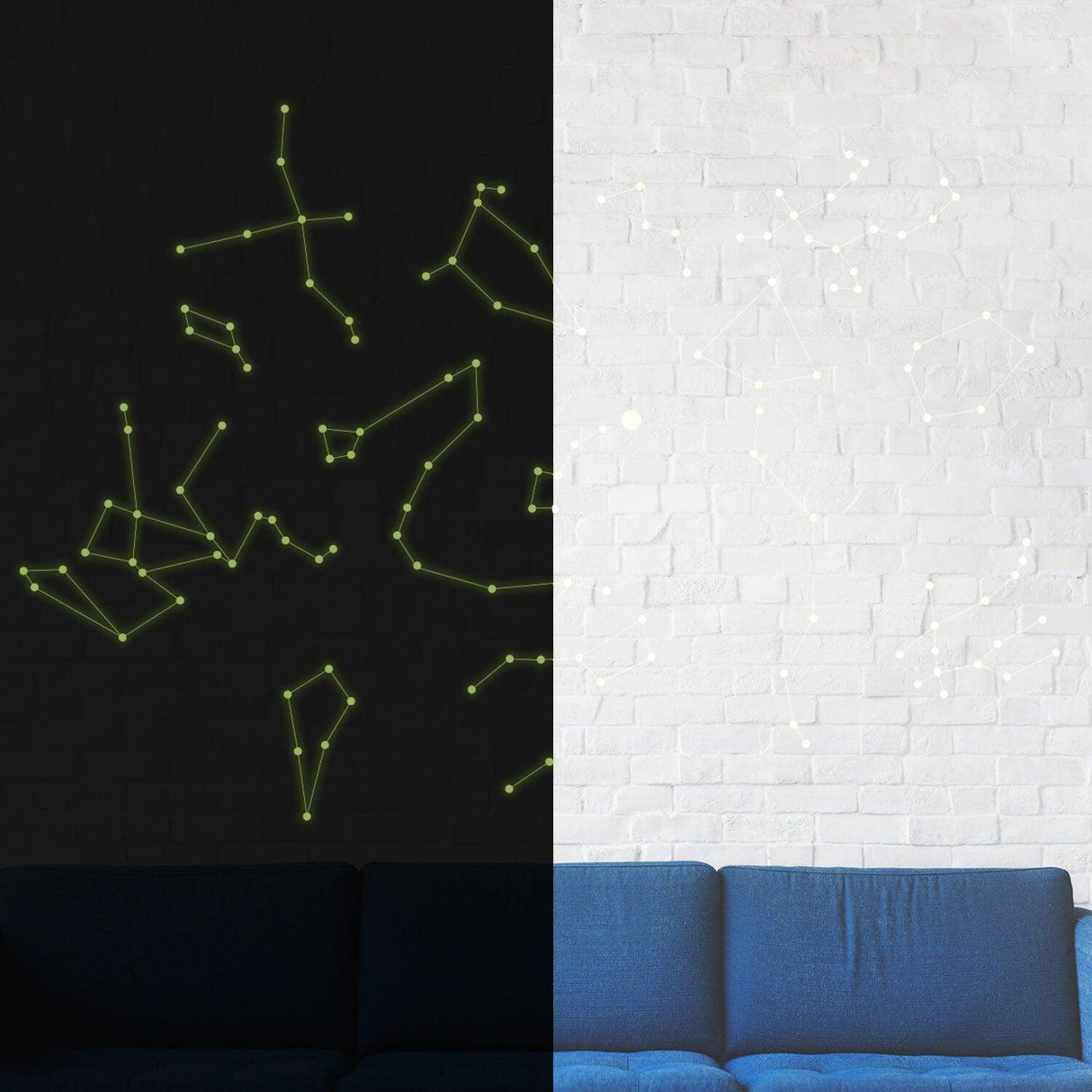 Glowing vinyl ceiling decal showcasing constellations on a dark and light wall, perfect for home decor.