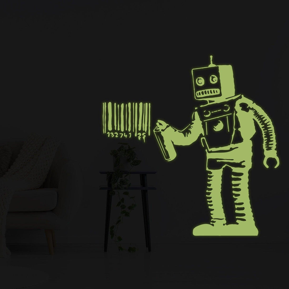 Glow in the dark robot wall sticker art with barcode, perfect for kid's room decor.