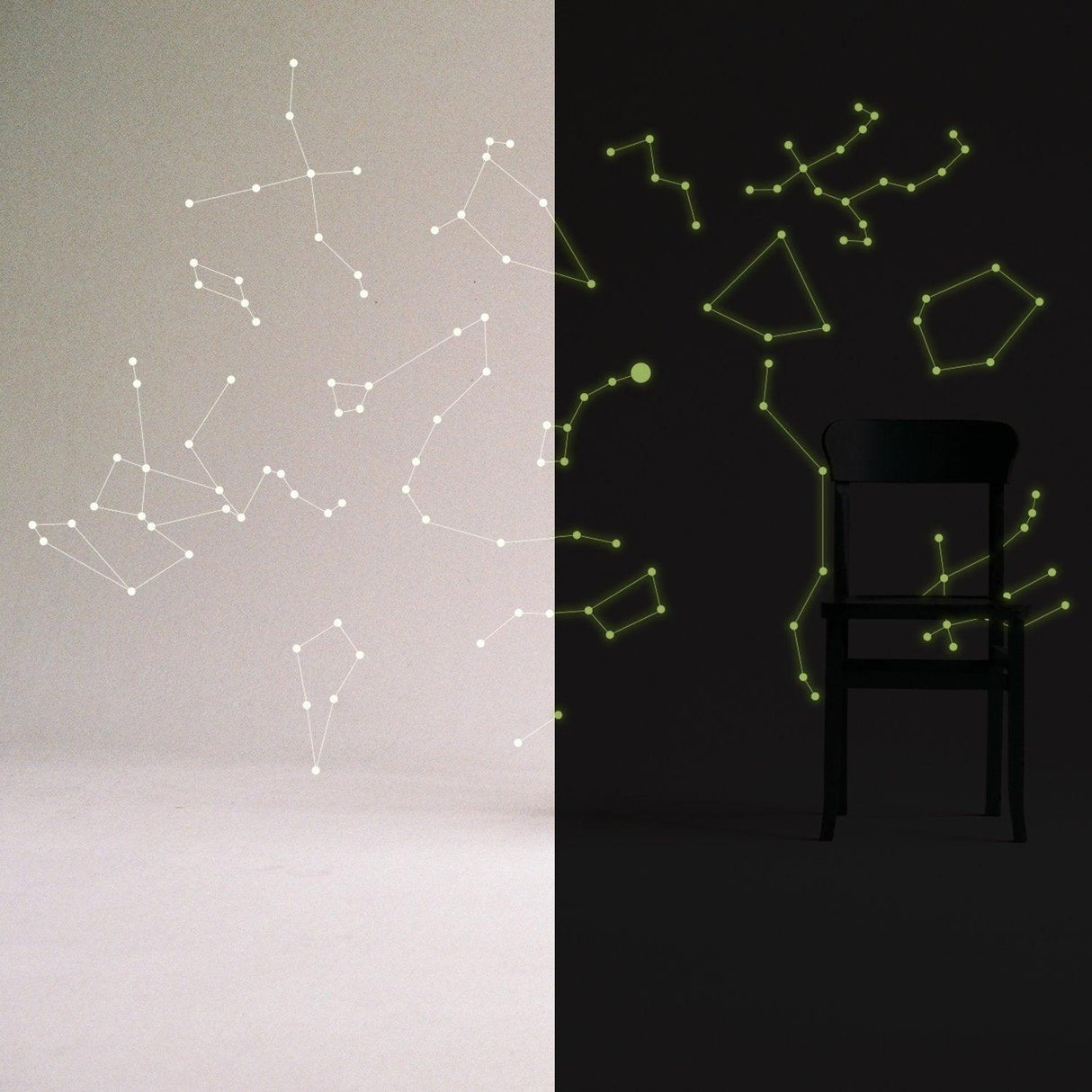 Glowing vinyl ceiling decal star map showing constellations on a chair in the dark, perfect for decoration.