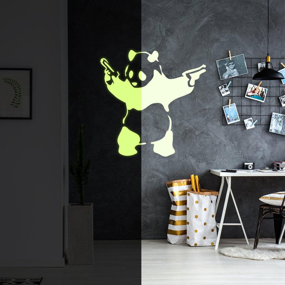 Glow in dark Banksy panda wall sticker with guns on textured wall in modern room setting.