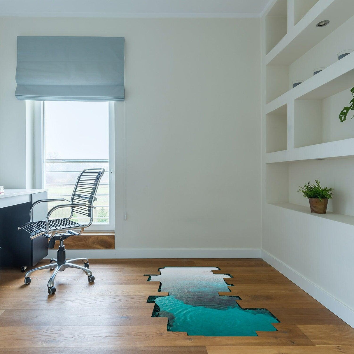 3D floor ocean vinyl sticker creating a porthole effect in a modern office space with wooden flooring.