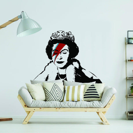 Banksy Queen vinyl sticker art decal featuring Queen Elizabeth II with colorful face paint, perfect for adding humor to your wall.