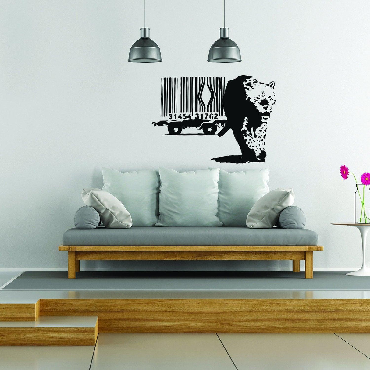Banksy Leopard Barcode Wall Sticker on a modern living room wall above a stylish sofa, adding unique home decor.