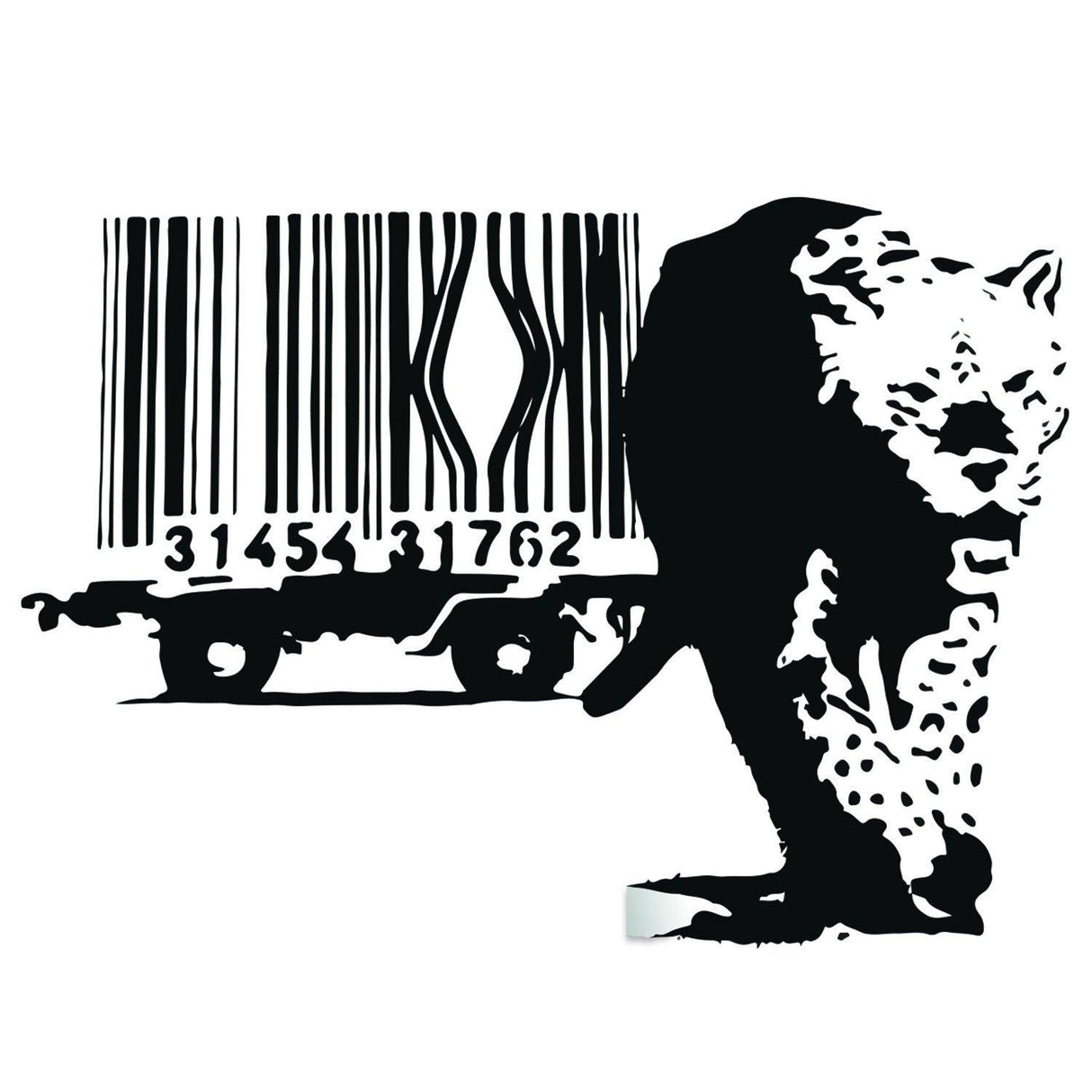 Banksy leopard barcode wall sticker for DIY home decor, bold black and white mural decal.
