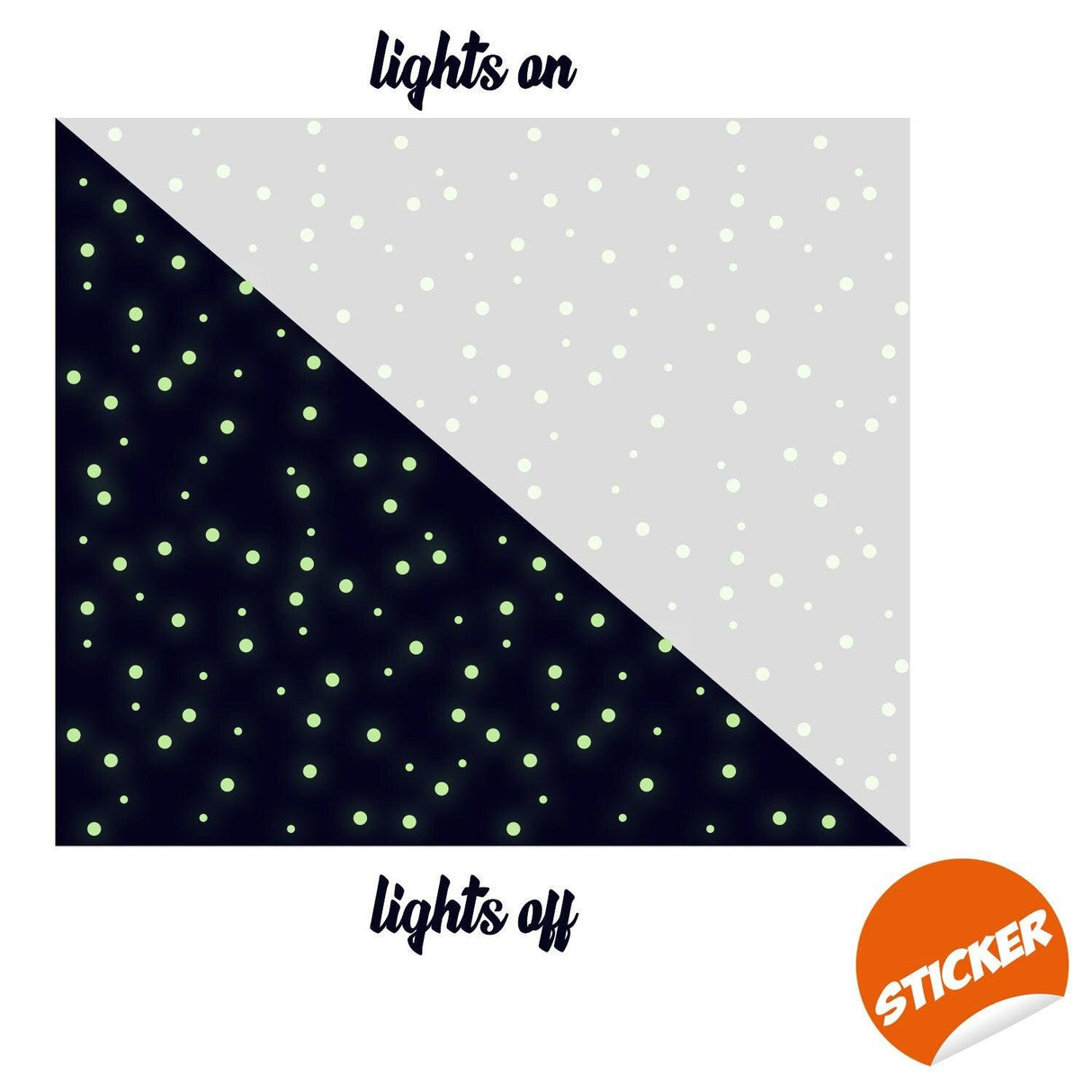 Comparison of Glow In The Dark Stickers: lights on vs lights off, showcasing glowing circle stars.